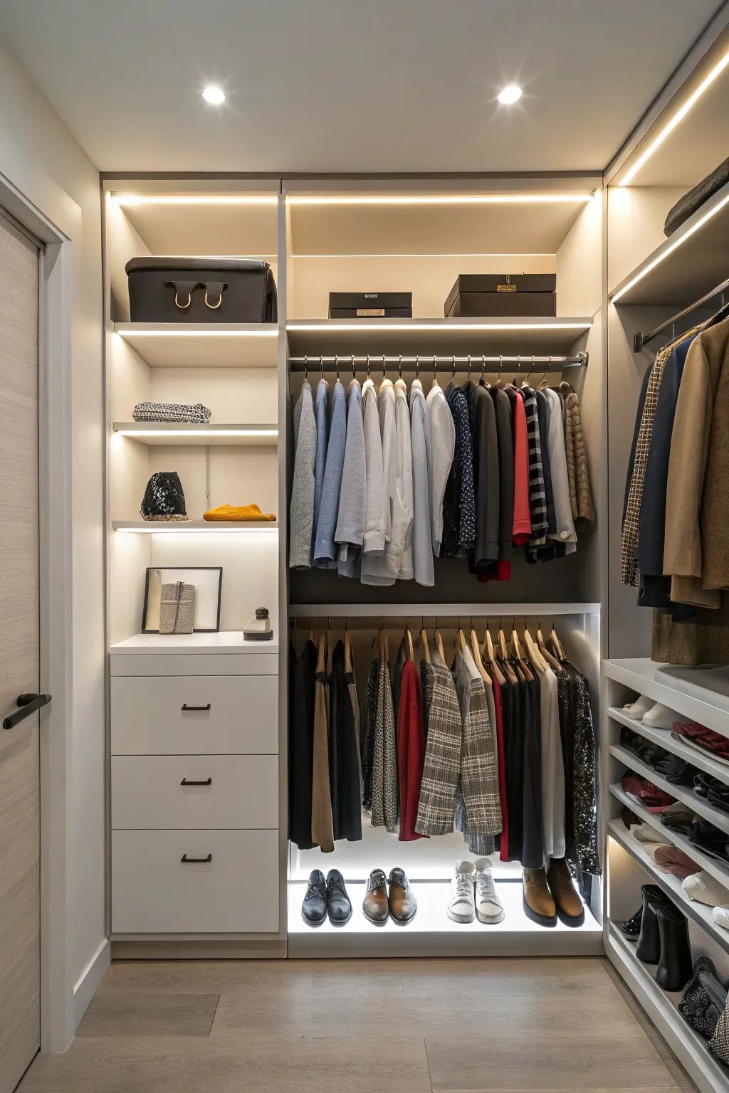 Energy-efficient illumination introduces contemporary convenience to your closet.