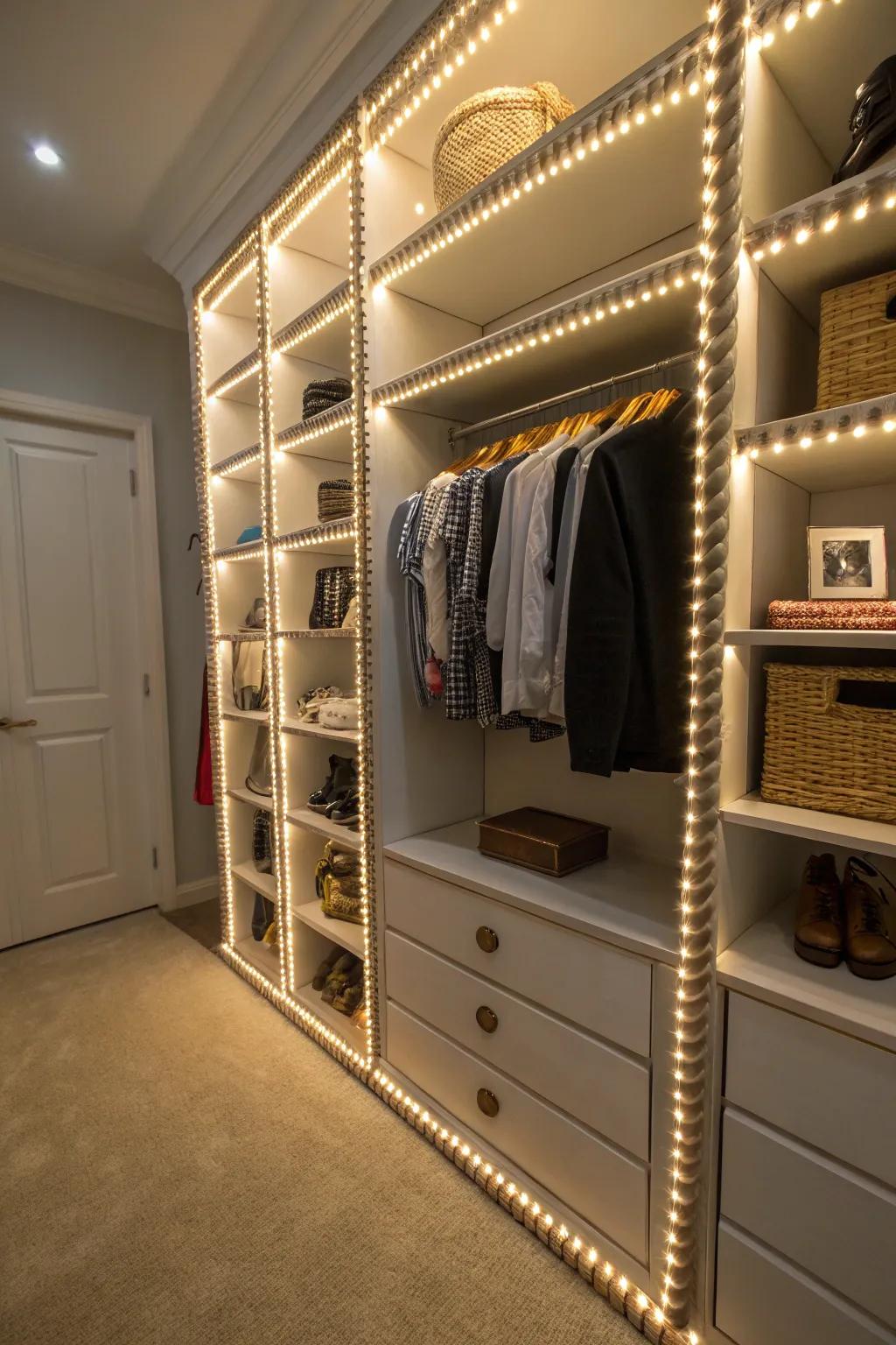 Rope lighting enhances visibility and whimsy within your closet.