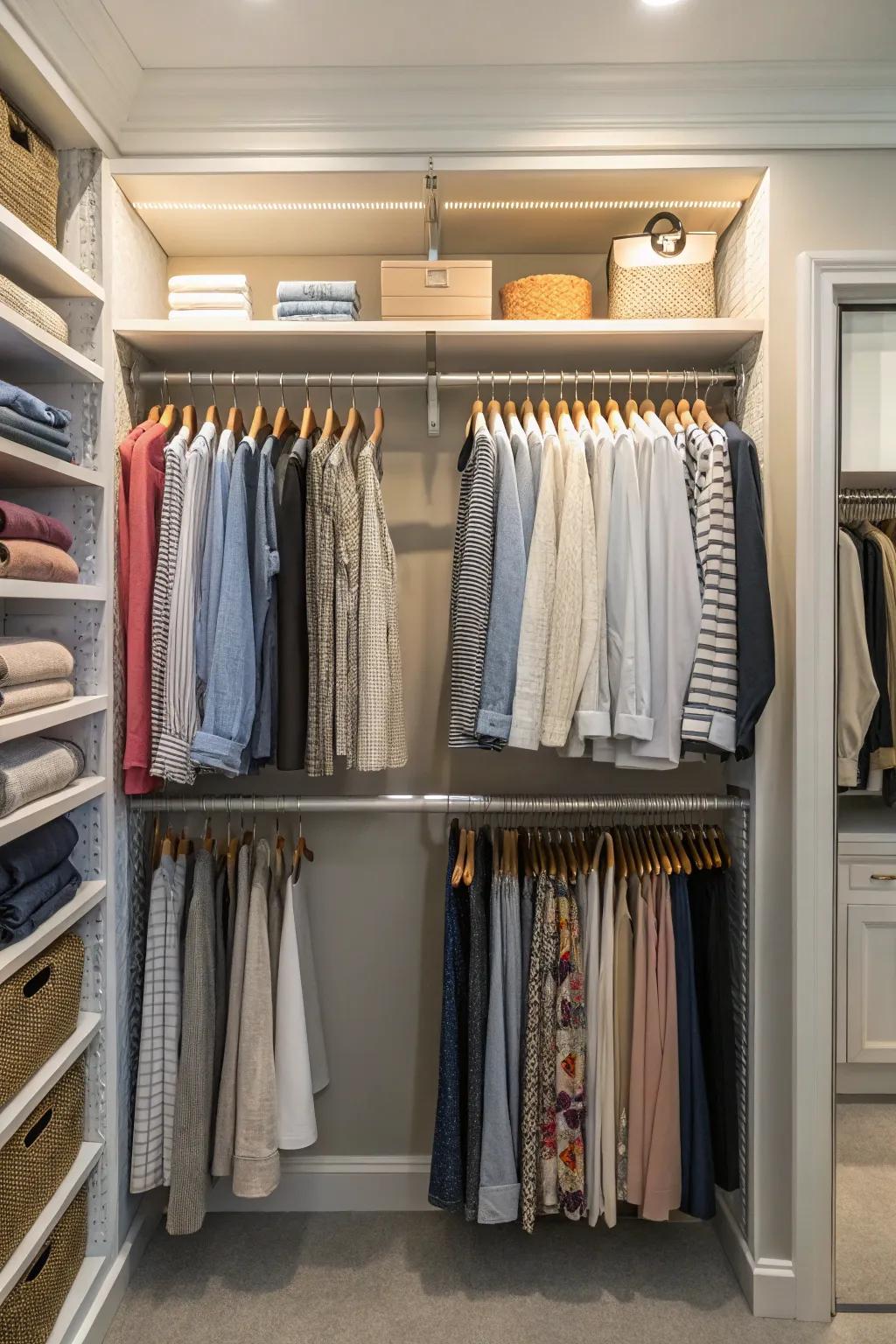 Multi-level hangers sort clothing into defined and manageable zones.