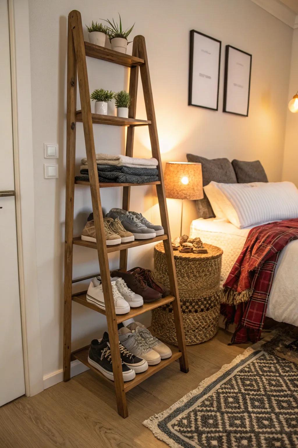 Tilting tiered shelves introduce elegance and storage in one.