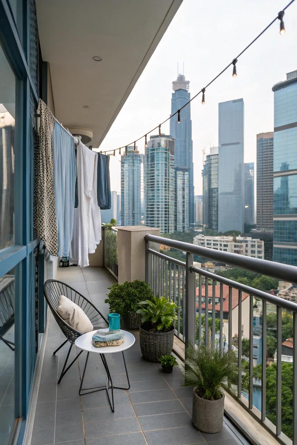 An understated clothesline complements this urban balcony.