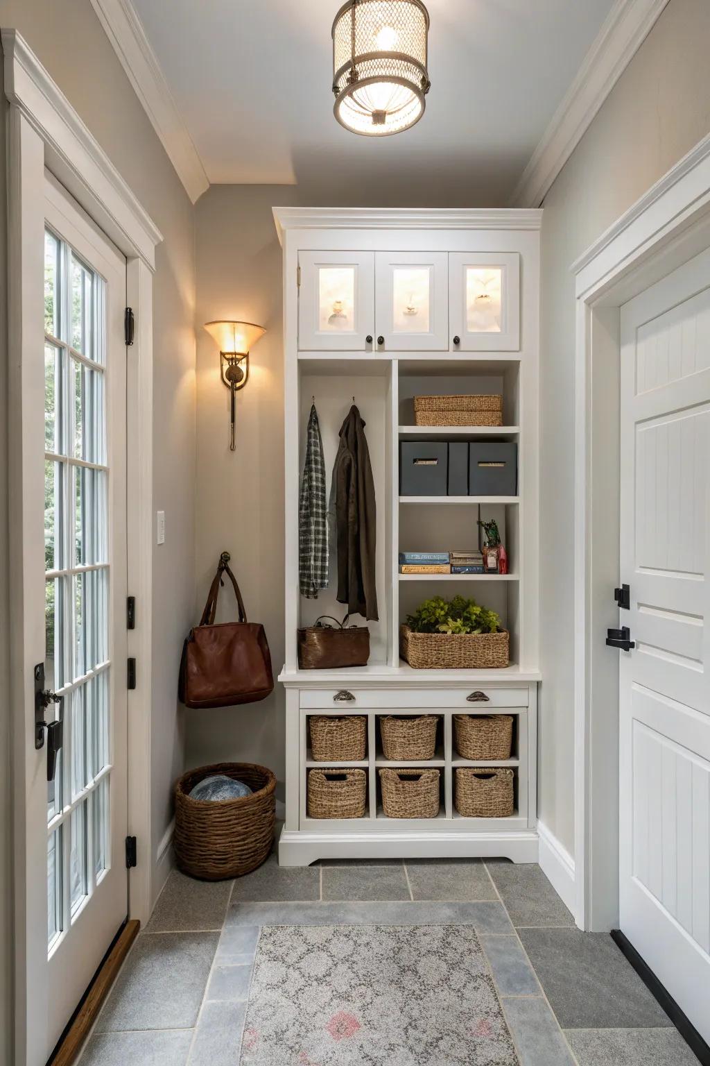 The slim cabinet is an efficient way to store coats.