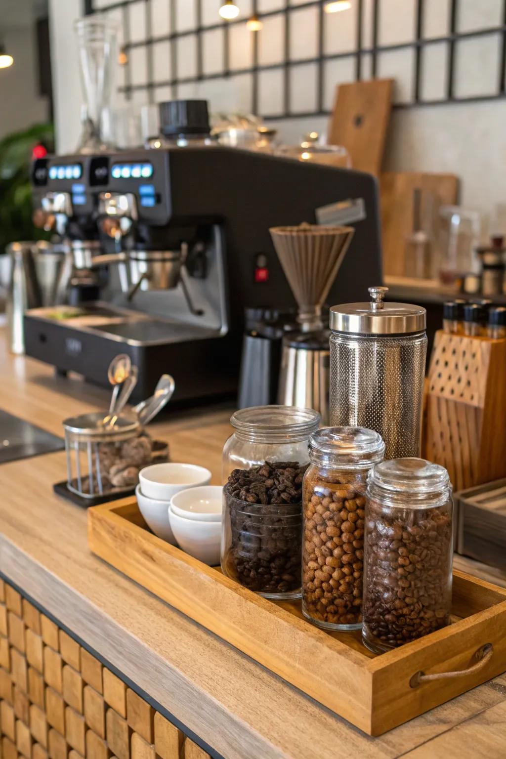 Mixing textures for a visually dynamic coffee station.