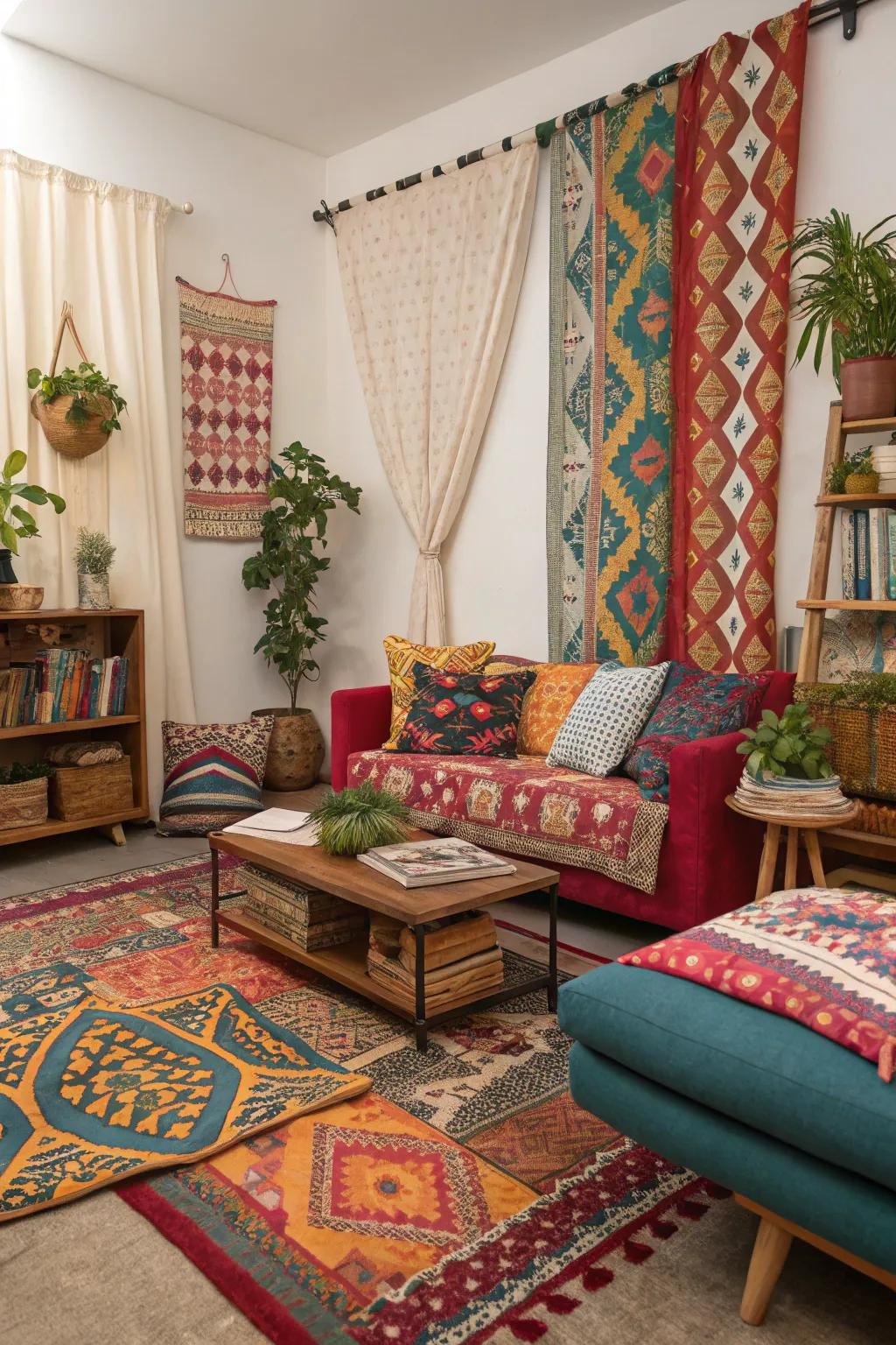 An eclectic mix of patterns brings an energetic vibe to a college apartment.