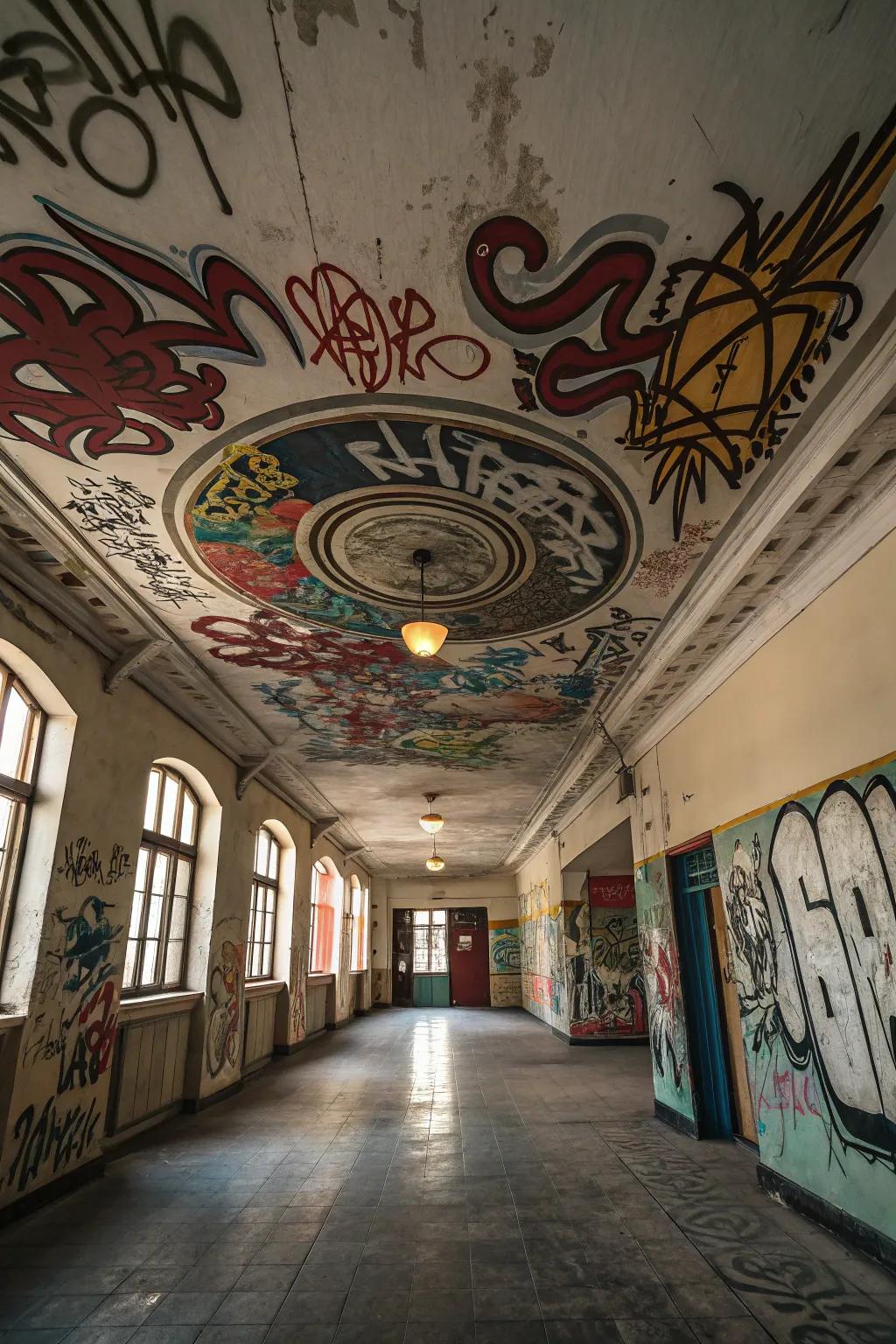 A room with dramatic graffiti art on the roof.