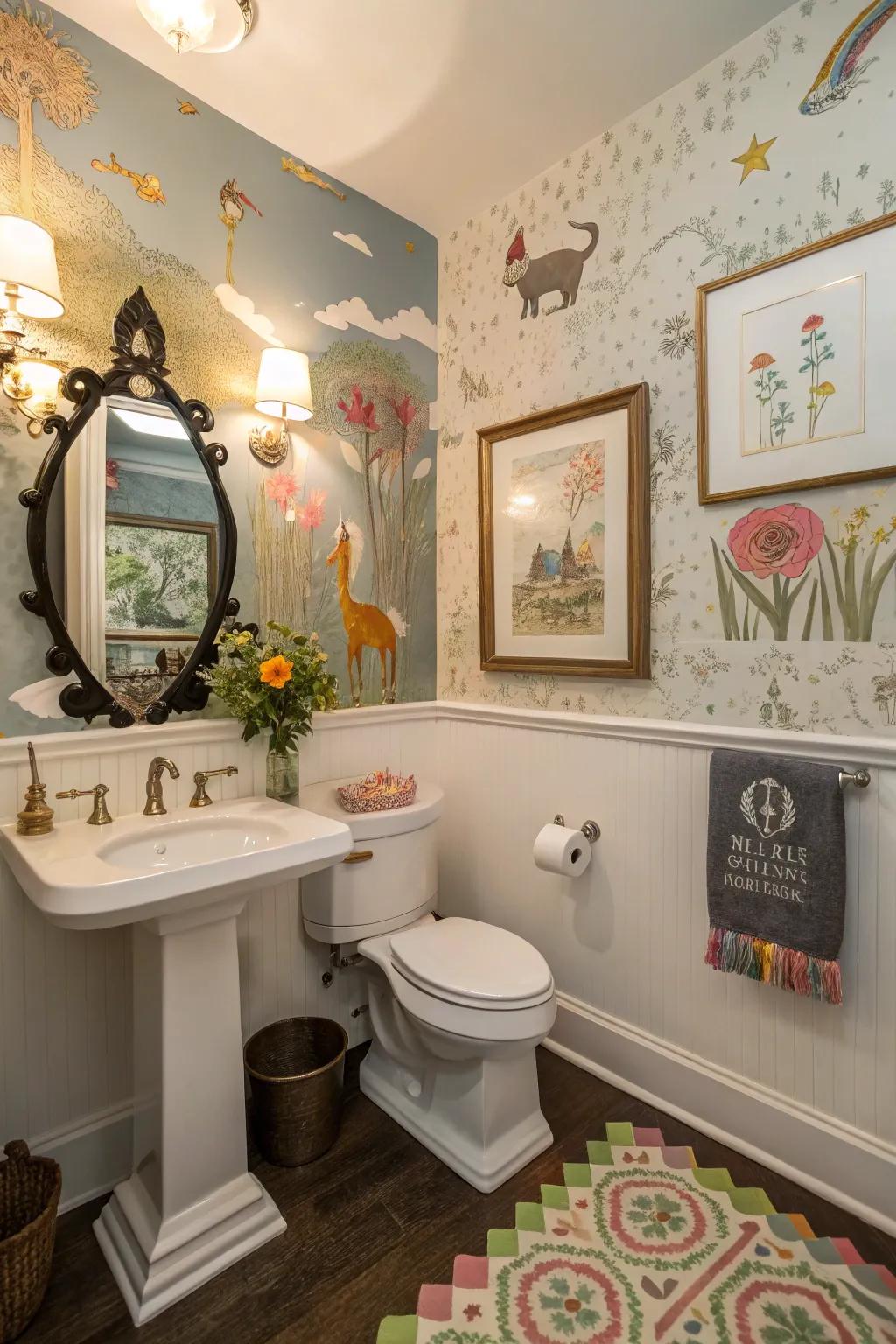 Unexpected art pieces infuse eccentricity into this colorful powder room.