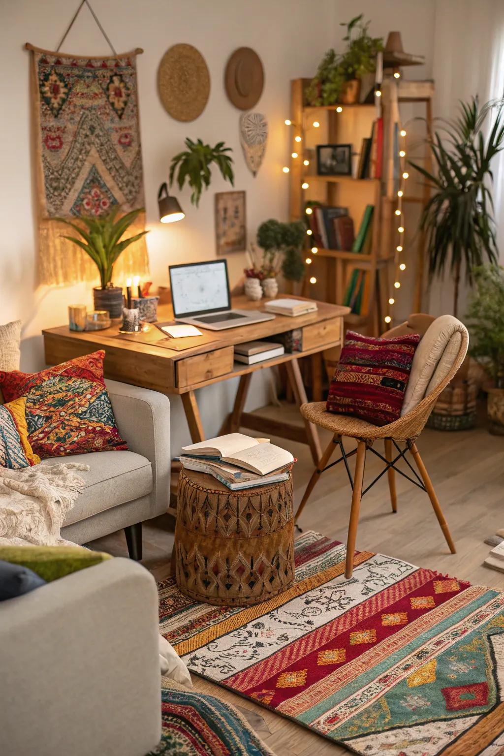 An eclectic bohemian workspace full of life and creativity.