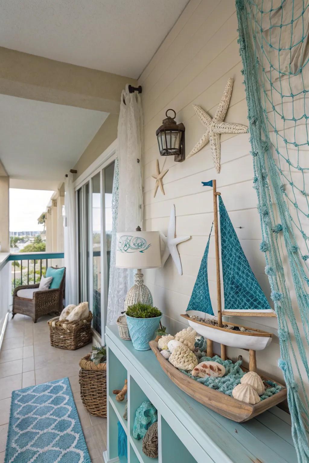 Shoreline elements evoke a serene and beachy vibe.