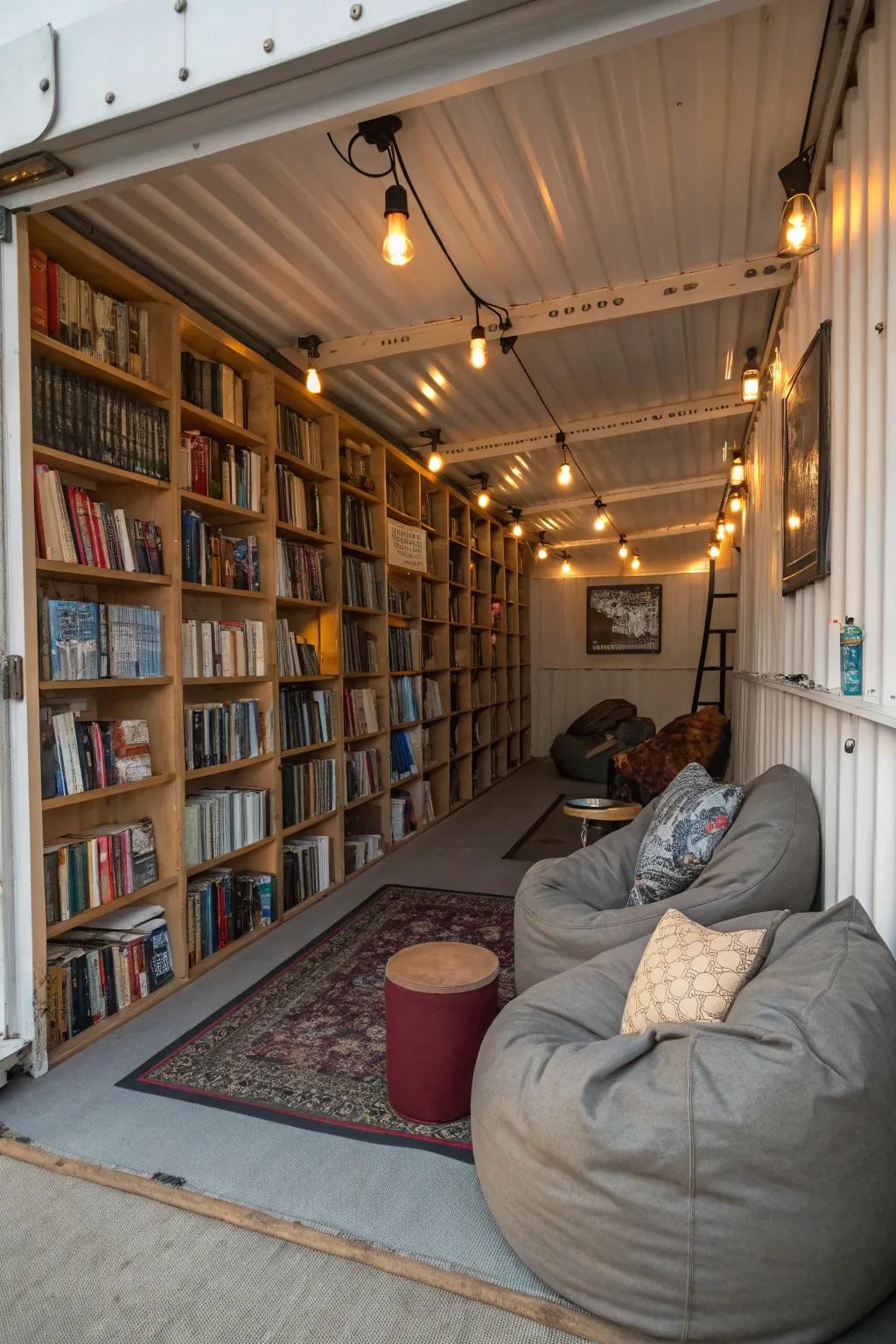 Create a tranquil escape for reading in a shipping container library.