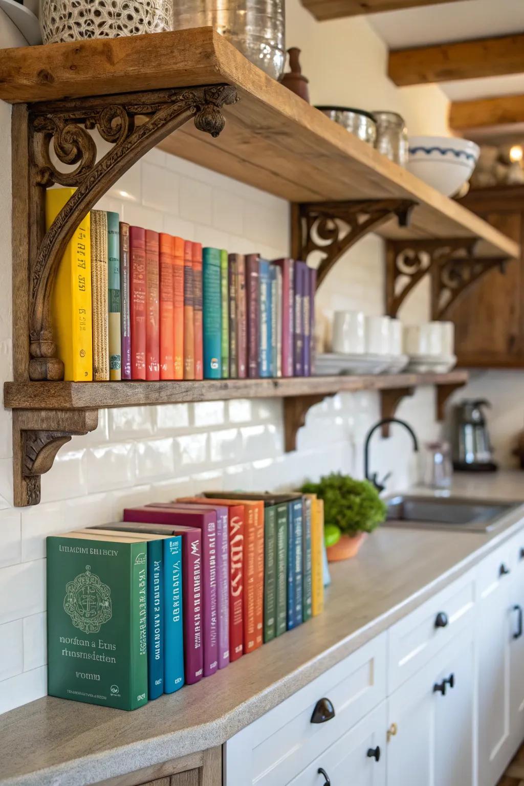 Open shelves with personality fashion a stylish cookbook display.