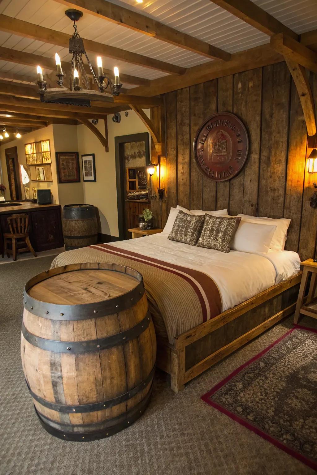 A beer barrel bed adds rustic charm and a touch of whimsy to your bedroom.