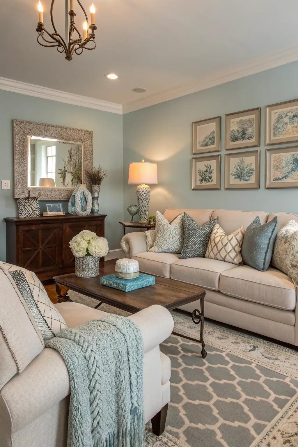 A coordinated color spectrum introduces harmony and cohesion to this living space.