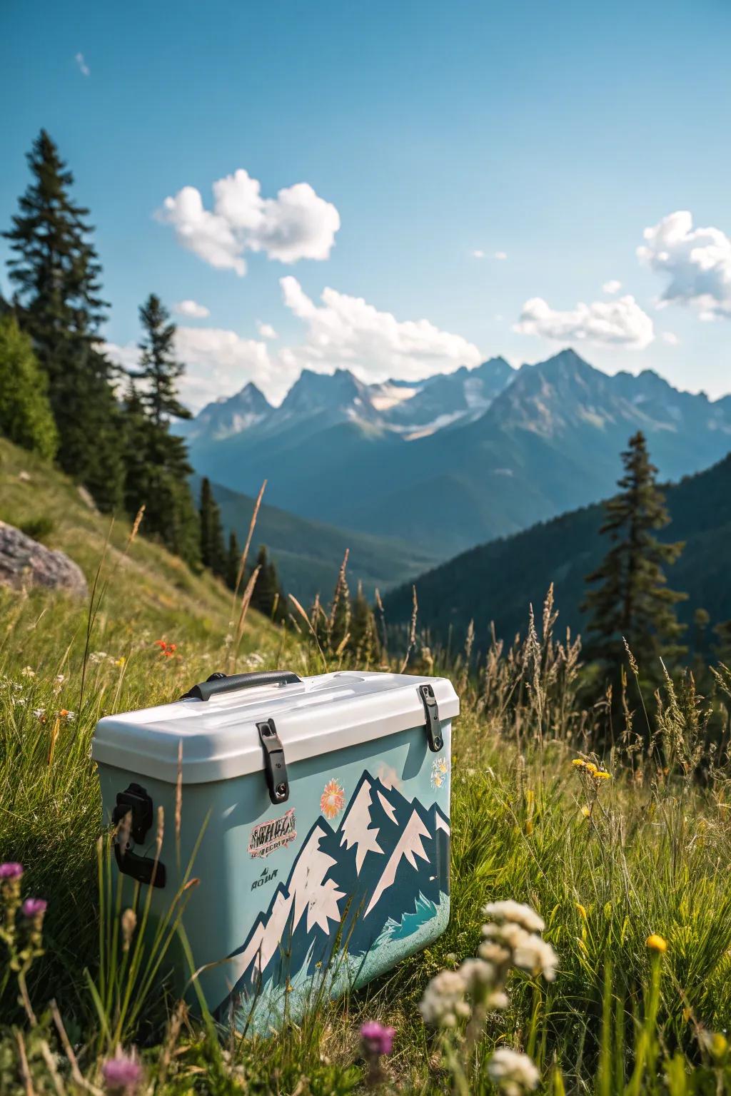 An adventure-themed cooler with mountain stickers.