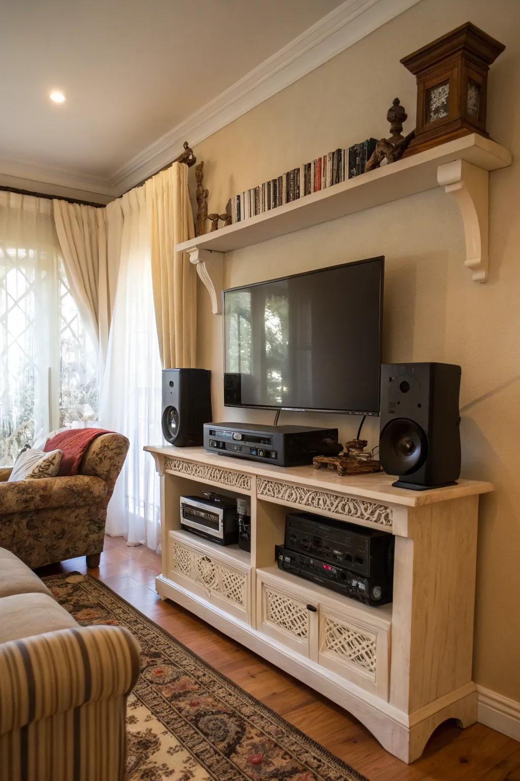 Support shelves craft practical media hubs.