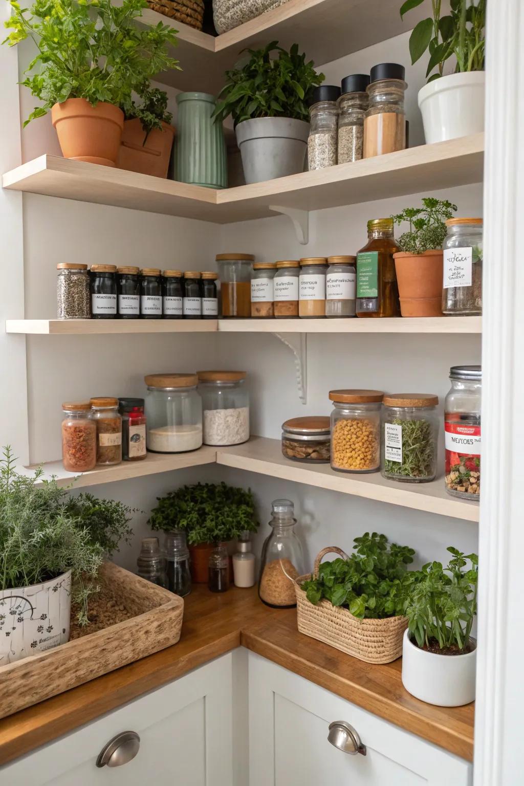 Greenery in a corner pantry for a pristine accent.
