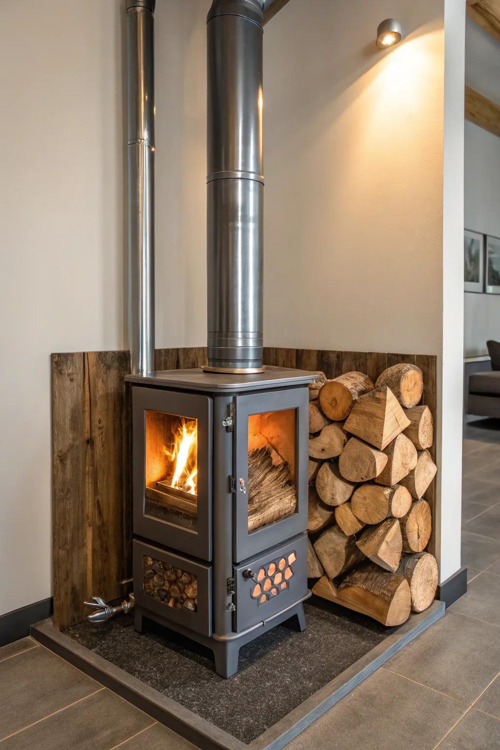 Industrial metal adds a modern detail to your firebox nook.