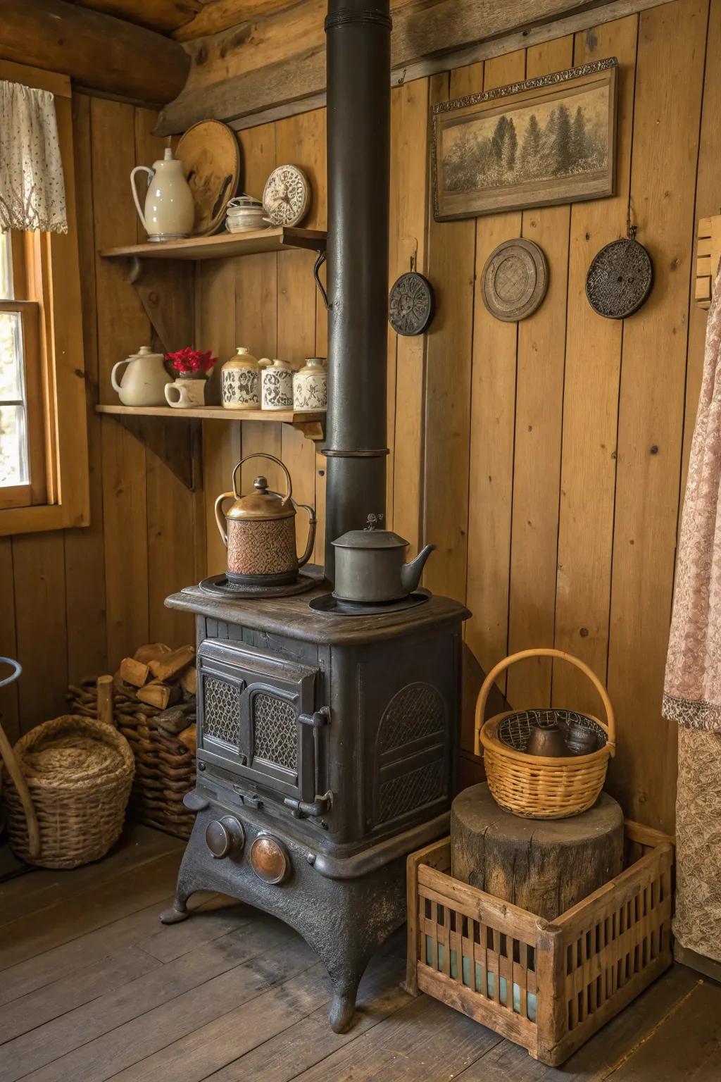 Antique vintage items add a nostalgic appeal to your wood burner corner.