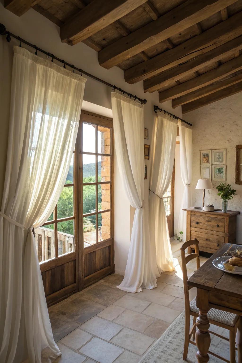 High-hanging curtains amplify light and create an airy feel.