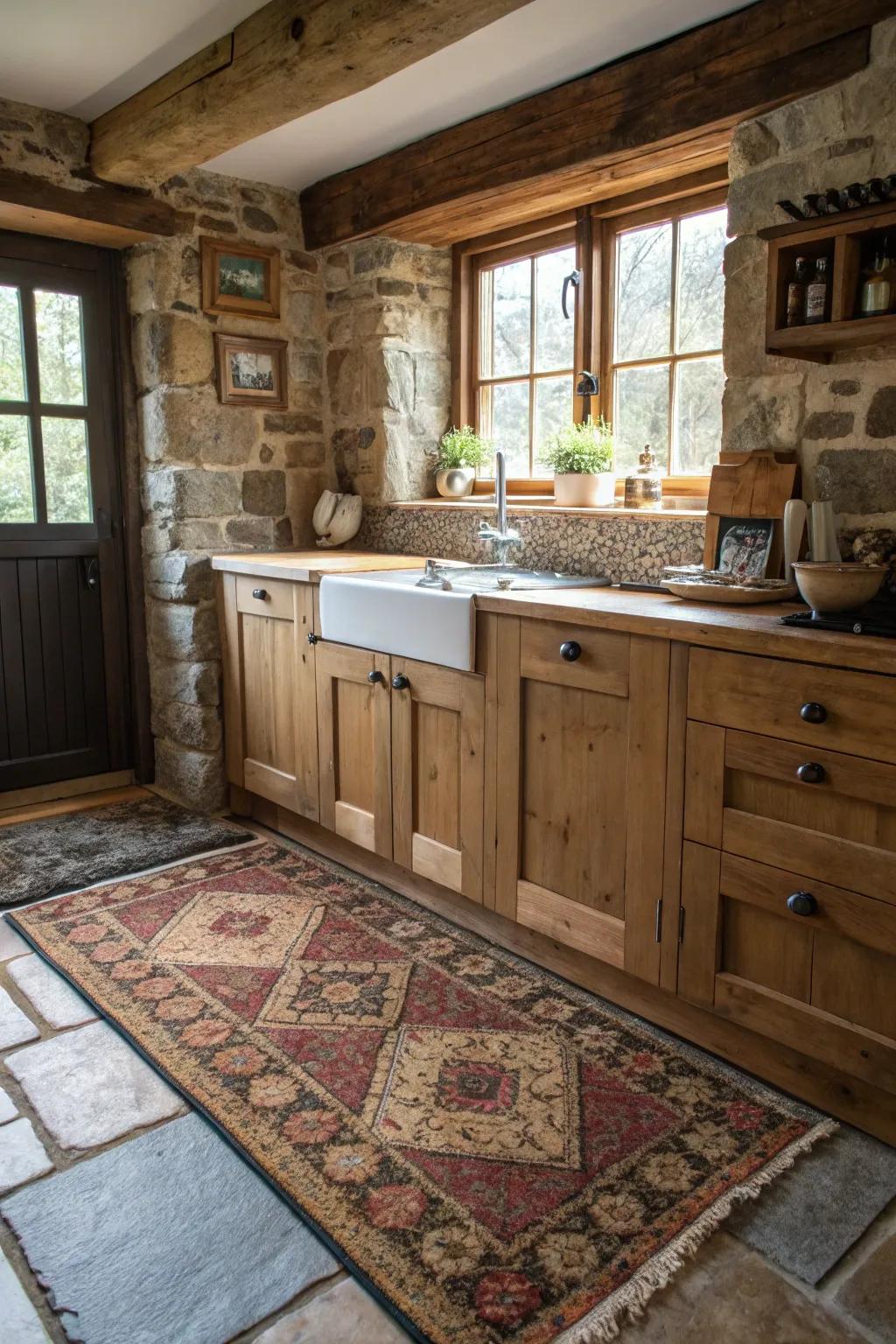 A textured floor covering introduces warmth and color to the cooking area floor.