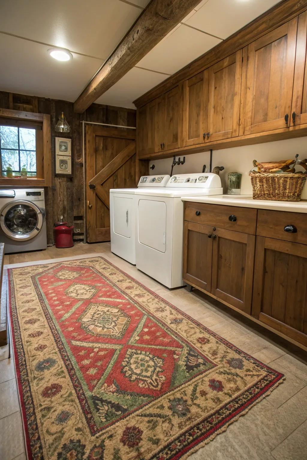 A classic rug incorporates coziness and color to your laundry area.