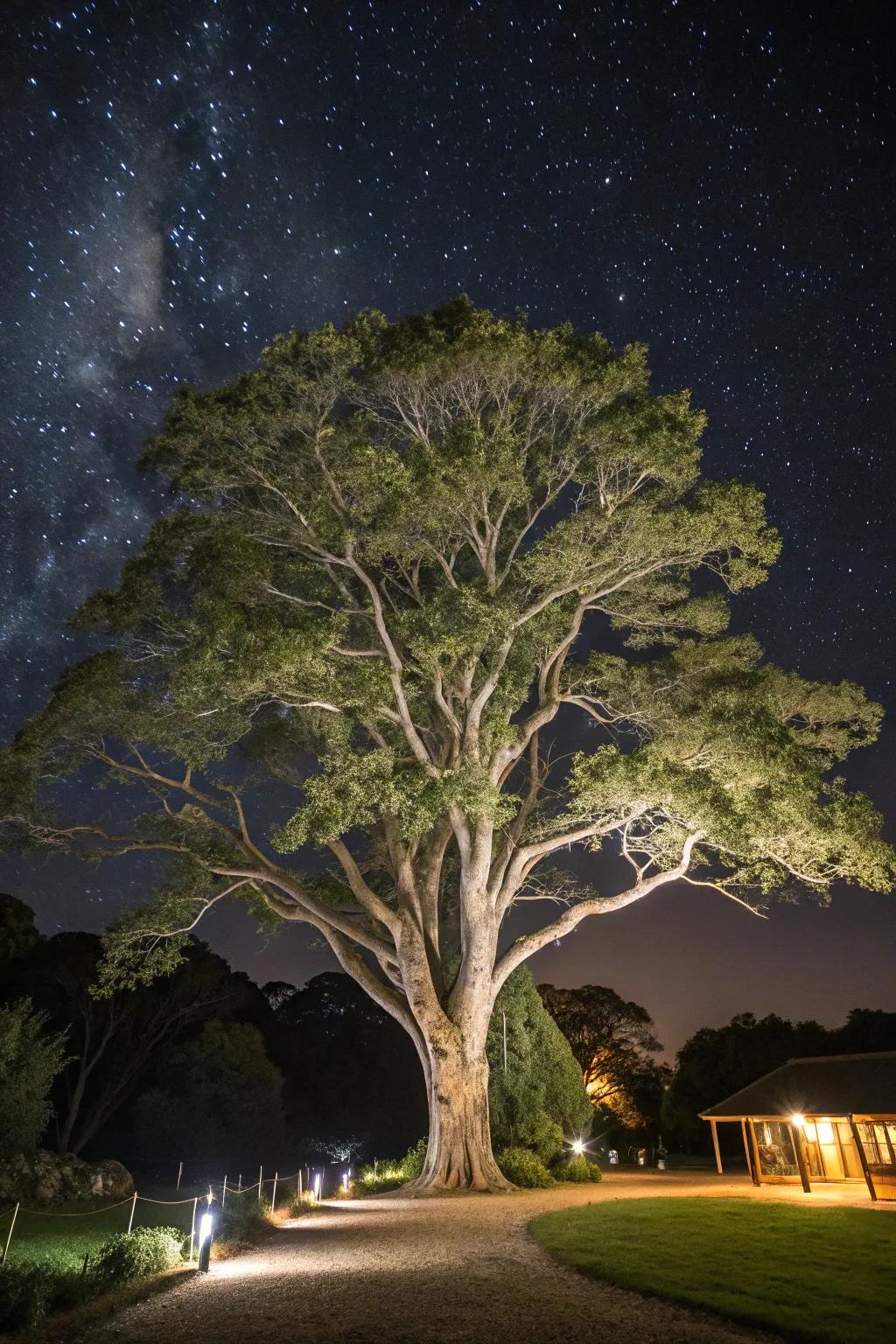 Majestic tree backlighting fashioning a grand garden feel.
