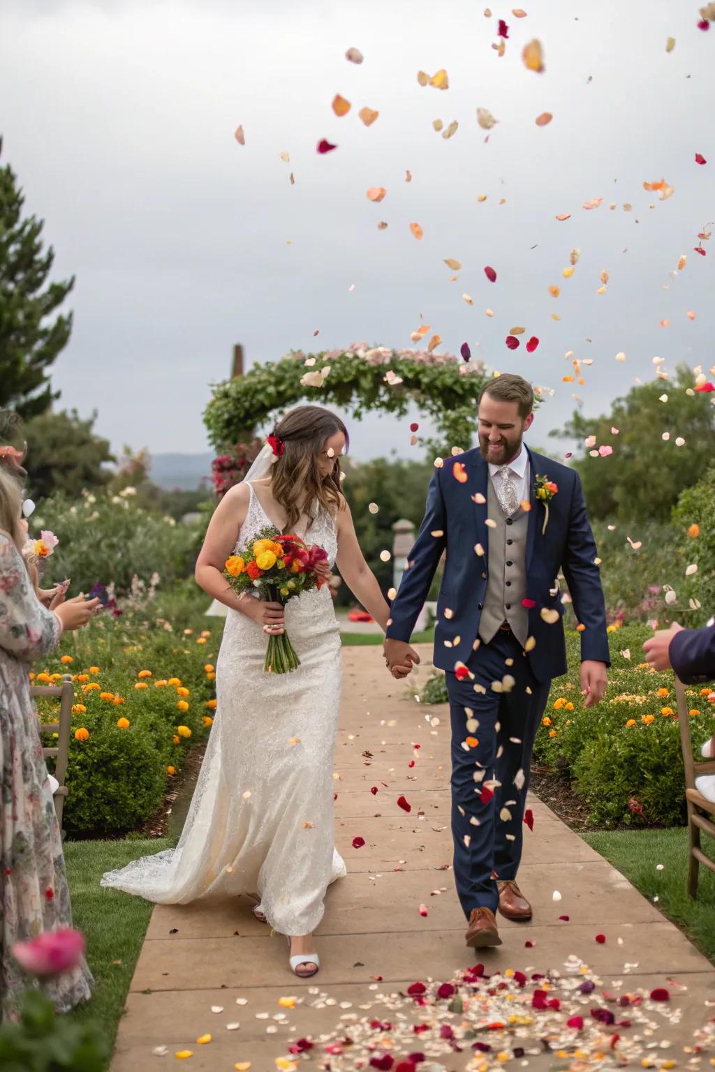 A romantic wedding exit with eco-friendly flutter made from dried bloom petals.