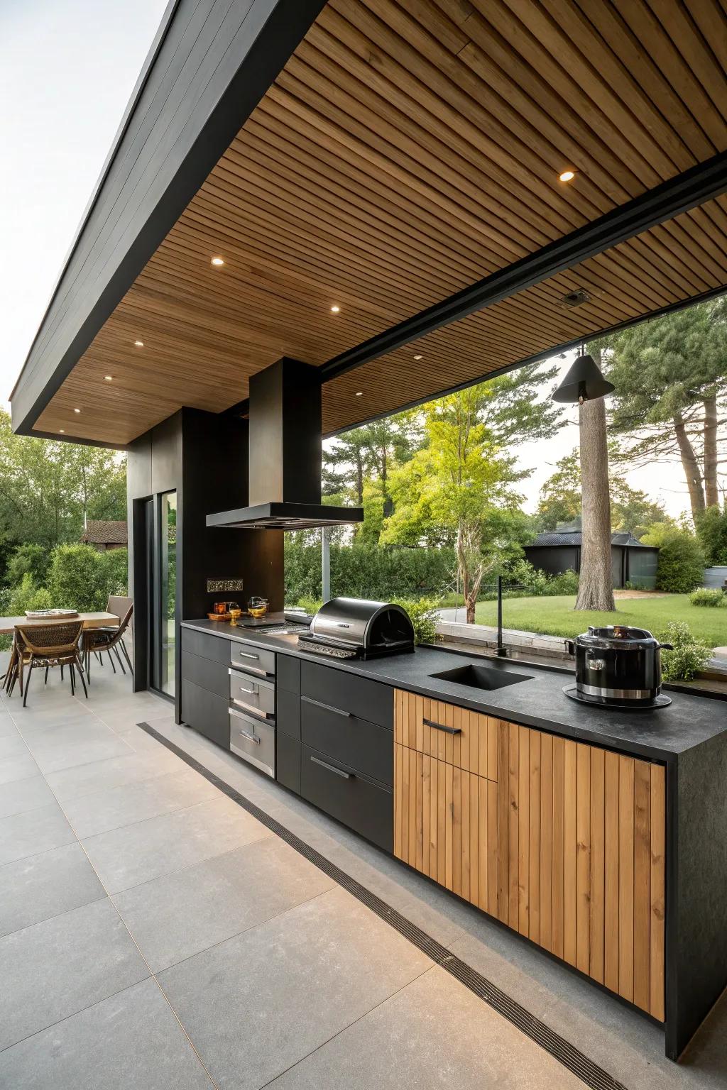 Black and timber accents create a striking contrast in your outdoor kitchen.