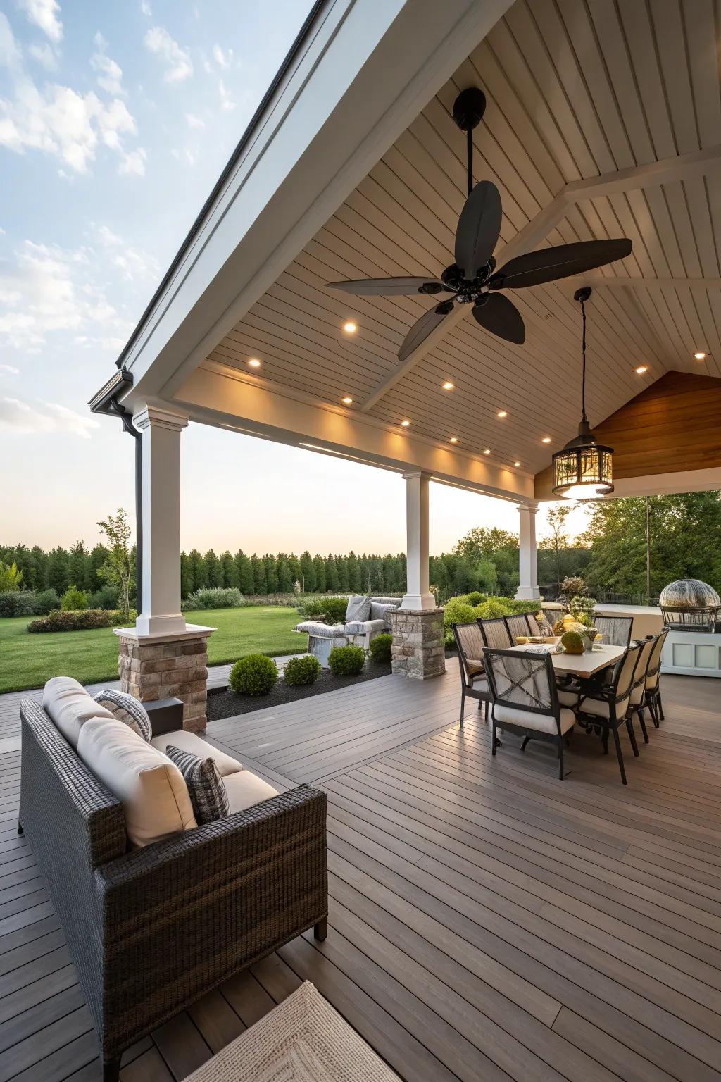 A garden-style deck delivers luxury and coziness for savoring the outdoors.