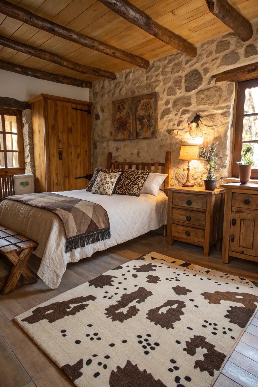 Spotted bovine and natural materials create a warm, rustic elegance.