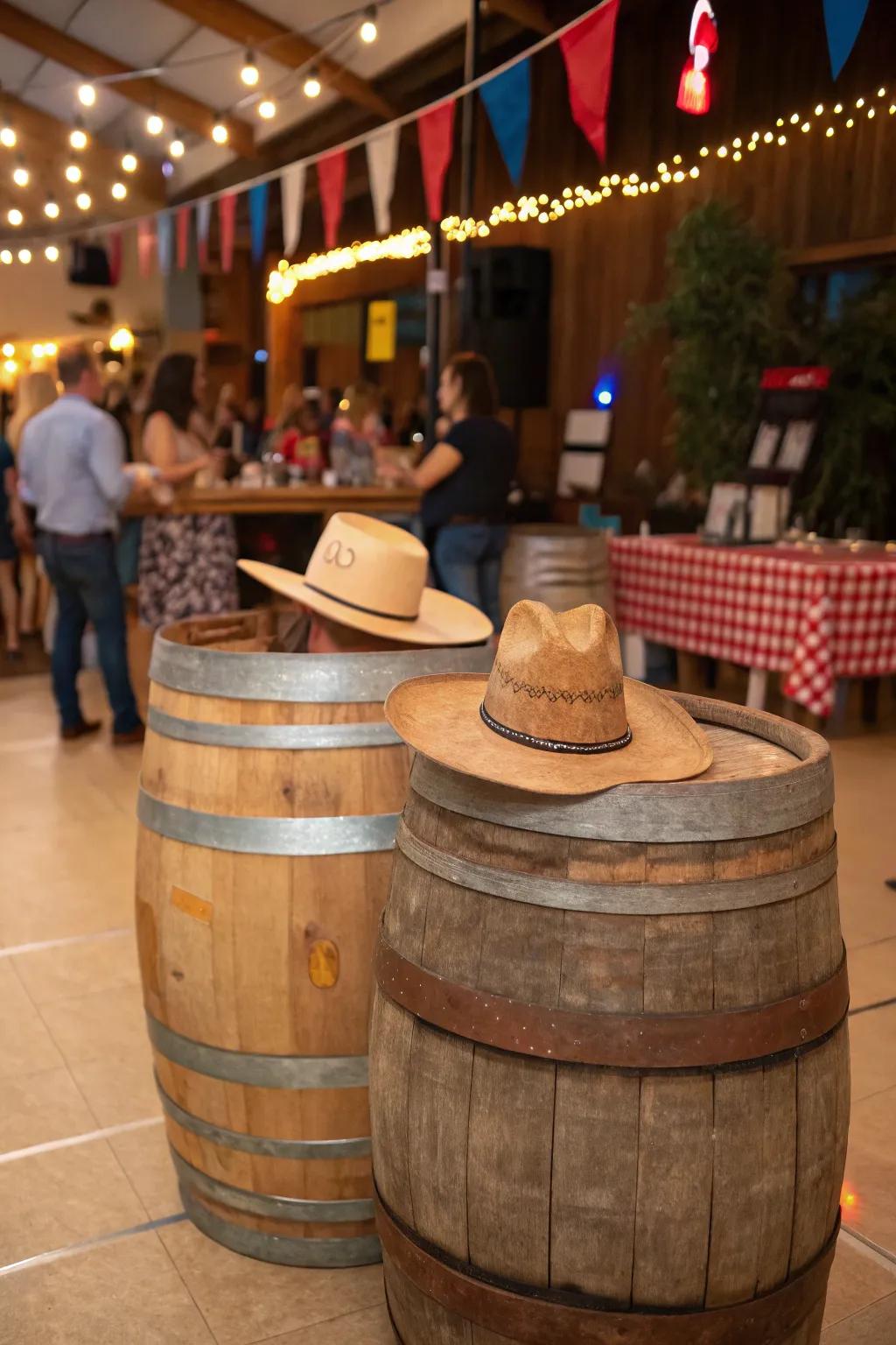 Elevate your seating arrangements using rustic barrels.