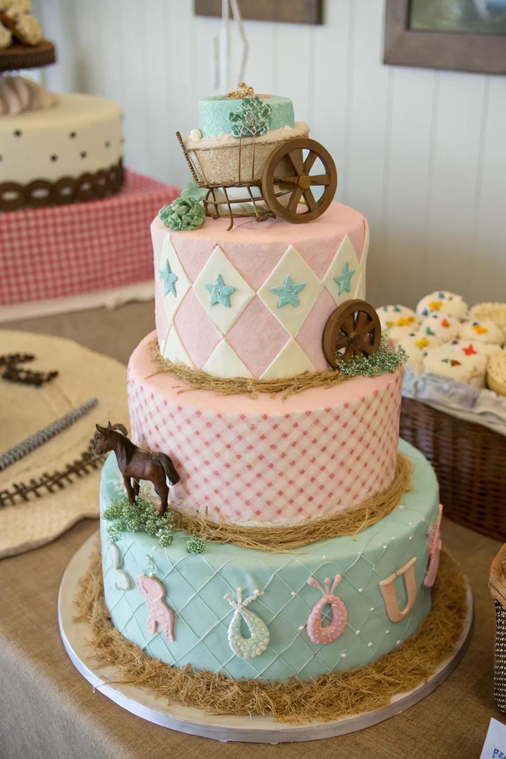 A checkered pattern imparts a cozy and charming effect to this cowgirl cake.