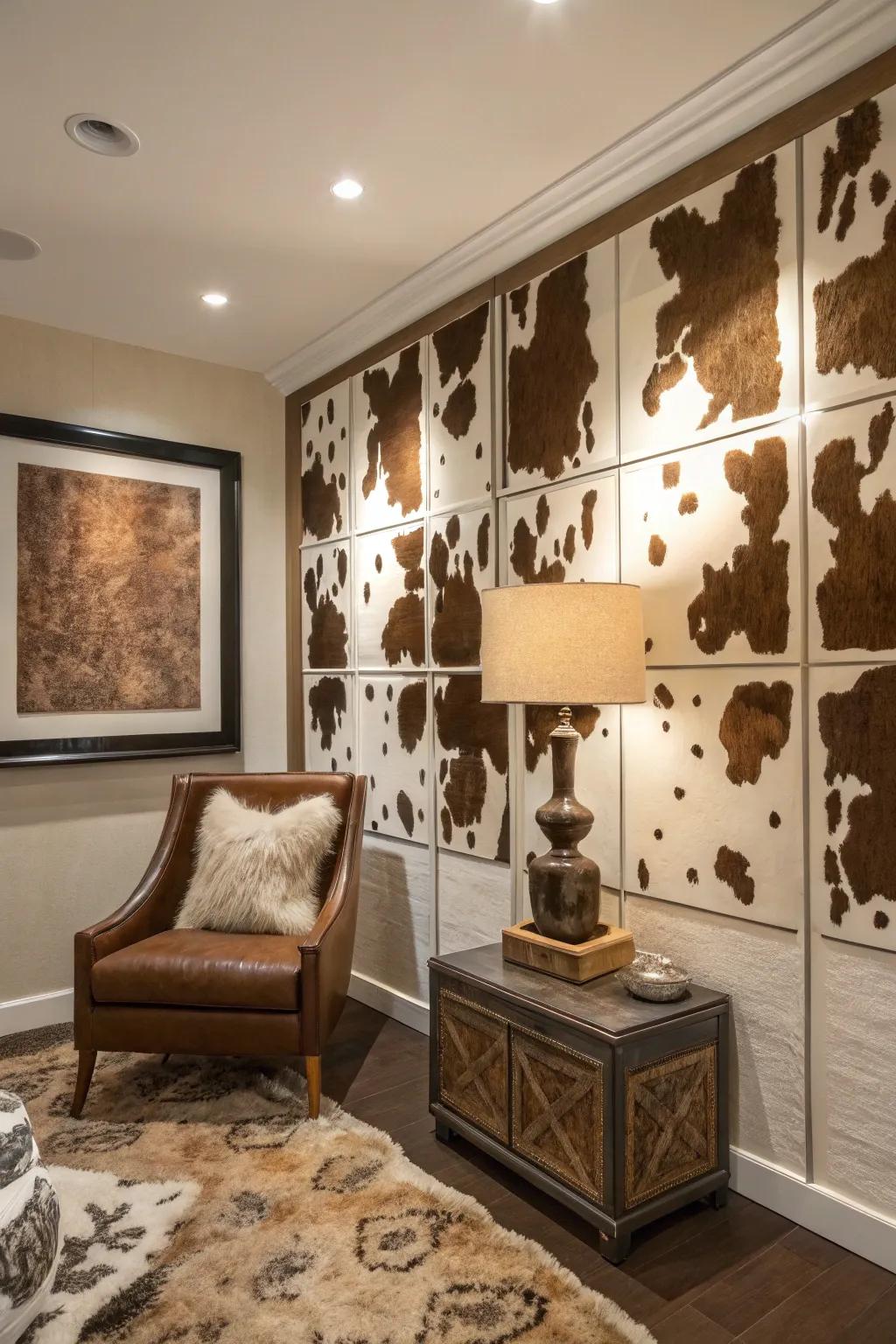 A room featuring realistic faux cowhide wall decor.