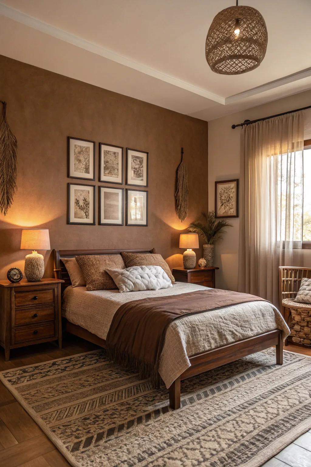 A bedroom elegantly designed with a soothing single-shade cocoa theme.
