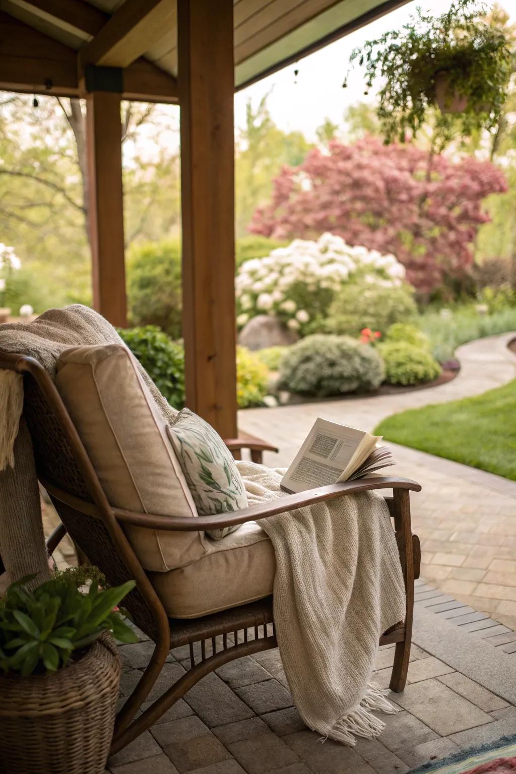 A reading spot invites relaxation and escape.
