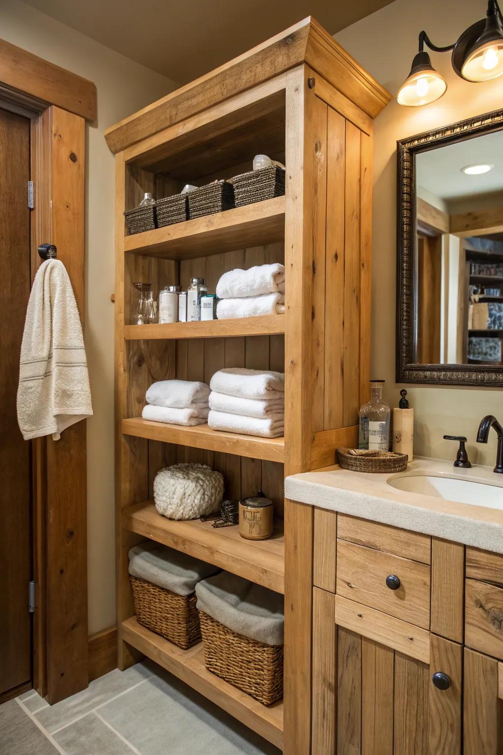 Built-in shelving offering practical storage in the craftsman bathroom.