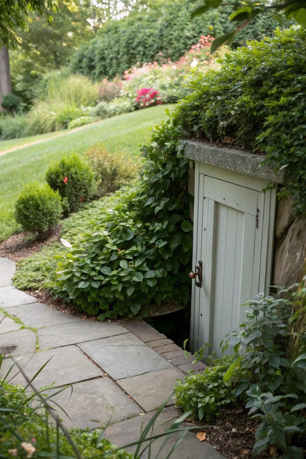 Disguising with plants enables your crawl space door to blend into the garden.