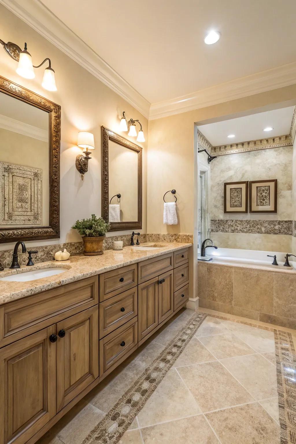 Natural stone elements add elegance to this cream bathroom.