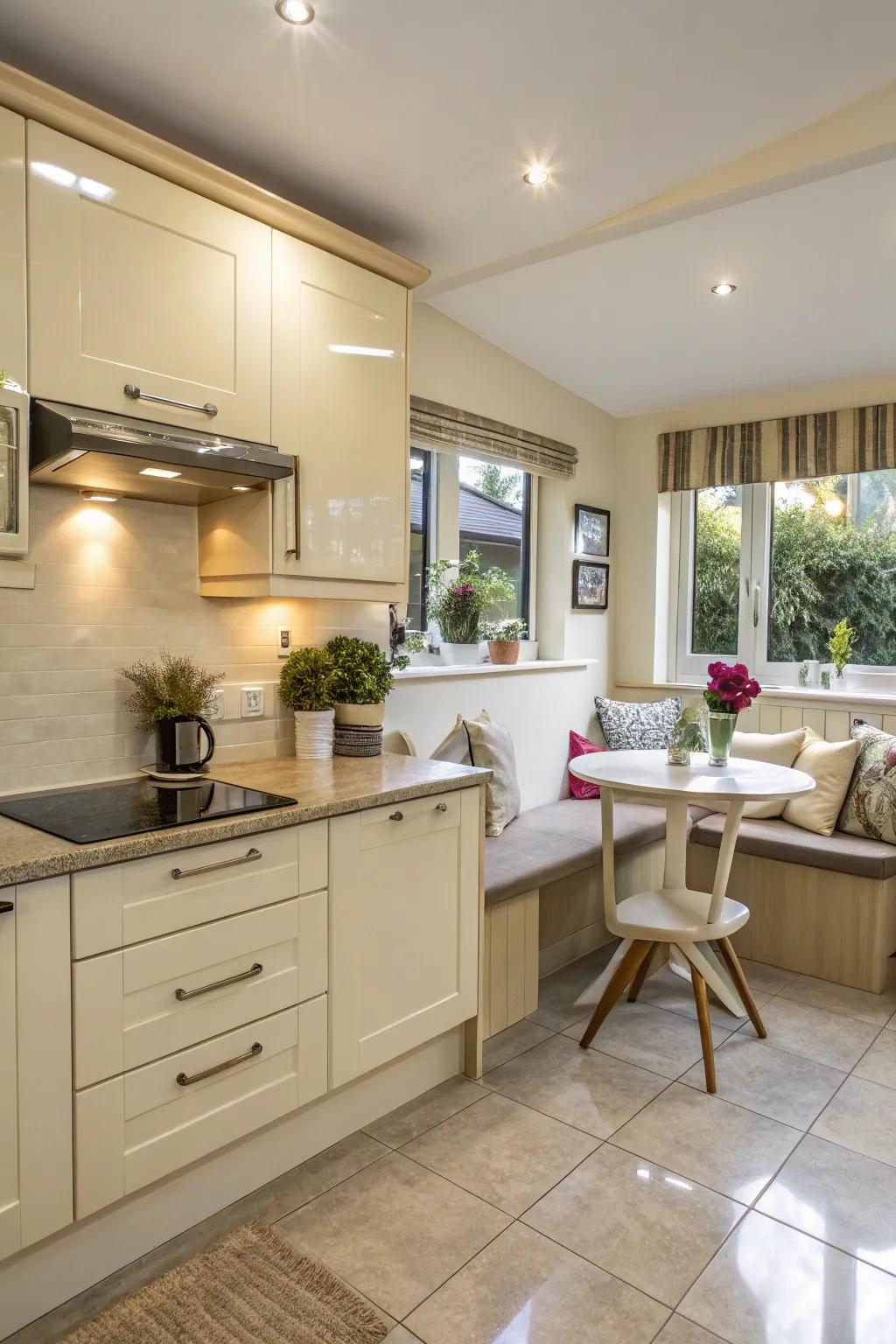 A quiet corner adding warmth and invitation to a cream gloss kitchen.
