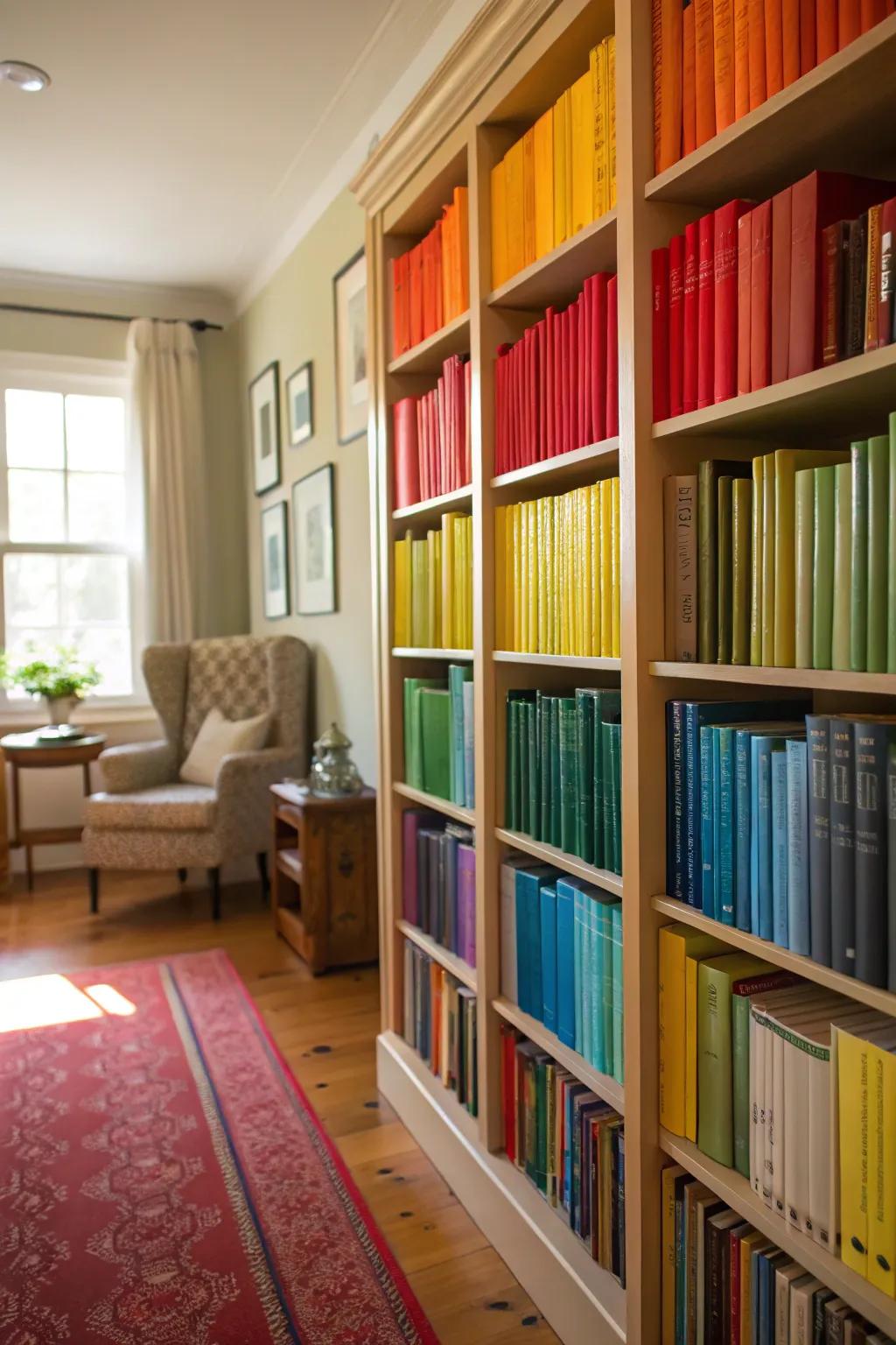 Color-coordinated bookshelves transform your literature into a piece of visual art.