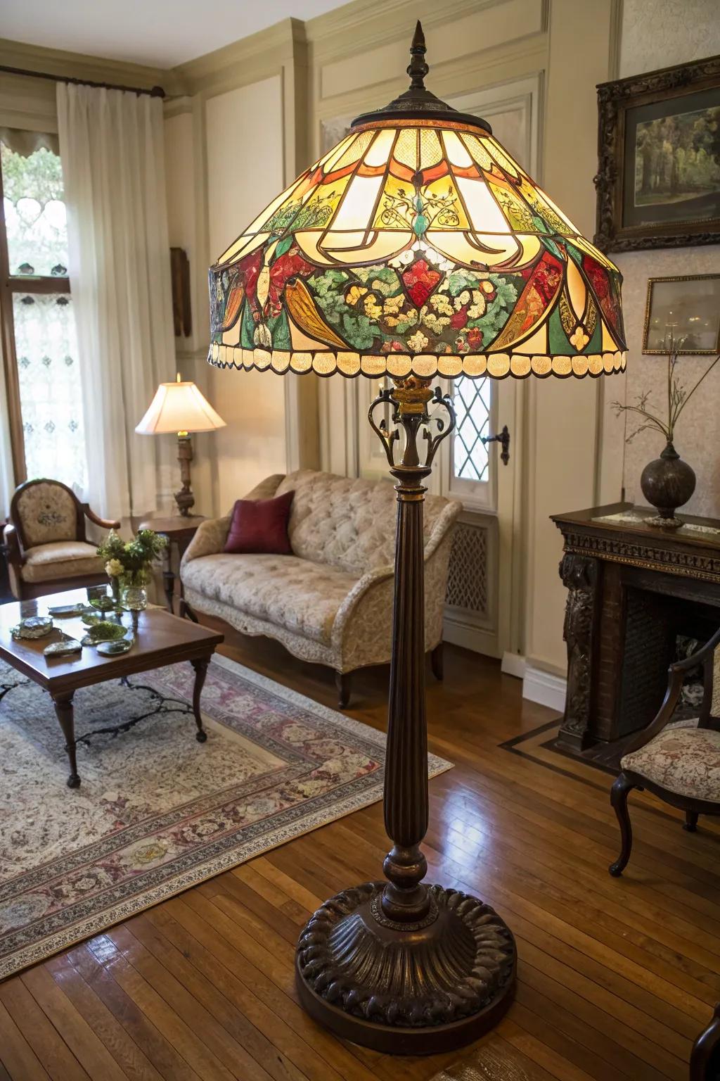 A Tiffany-style lamp adds elegance with its stained glass design.