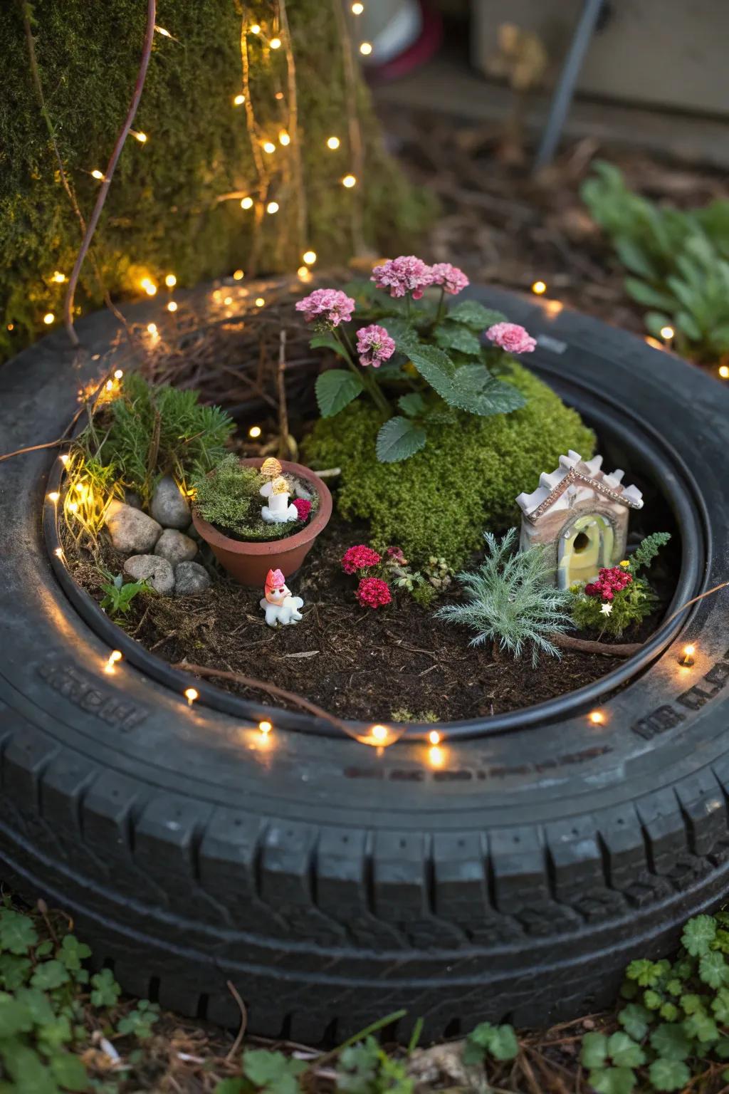 Magical sprite sanctuary crafted within a tire.