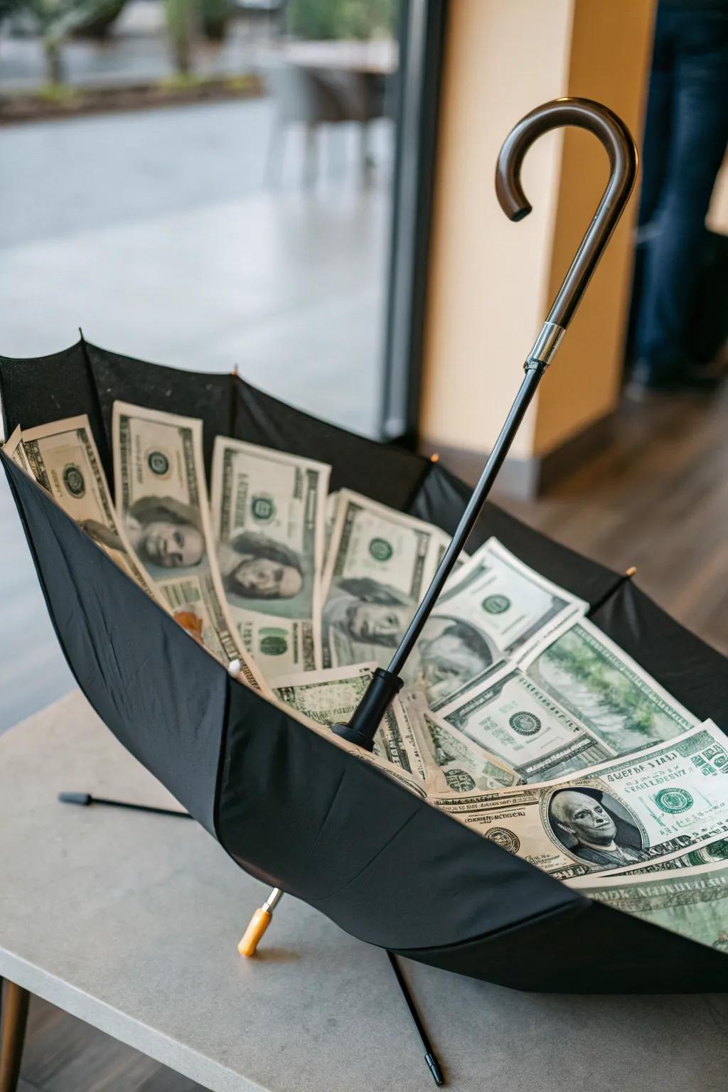 A precipitation protector that 'rains' funds for a special surprise.