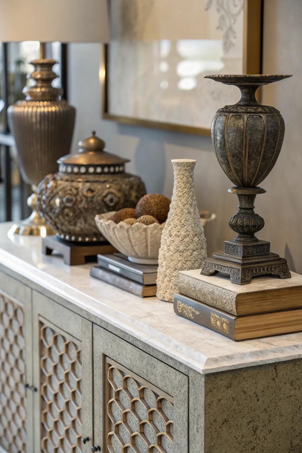 A credenza creatively styled with unique materials.