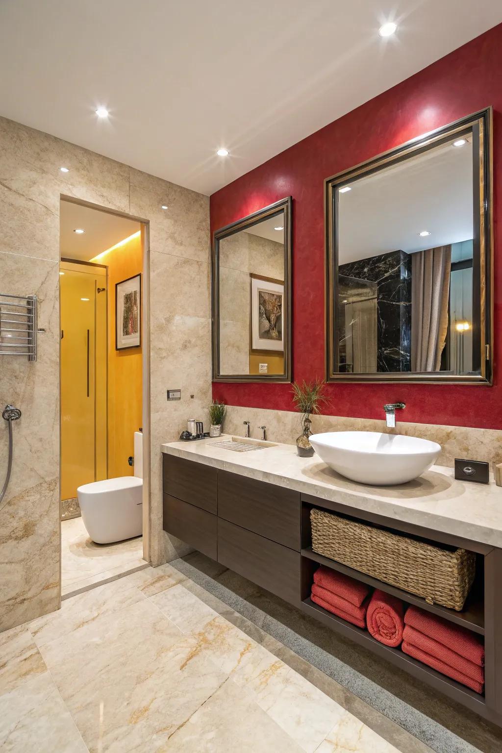 Bold color contrasts achieve a striking aesthetic with crema marfil.