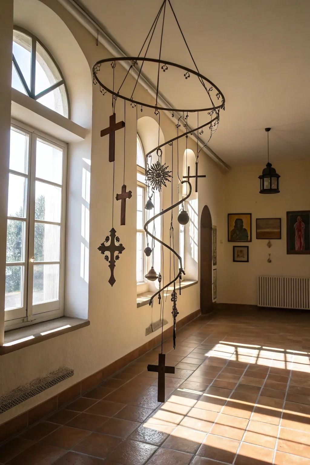 Coiled cross suspension in a bright room