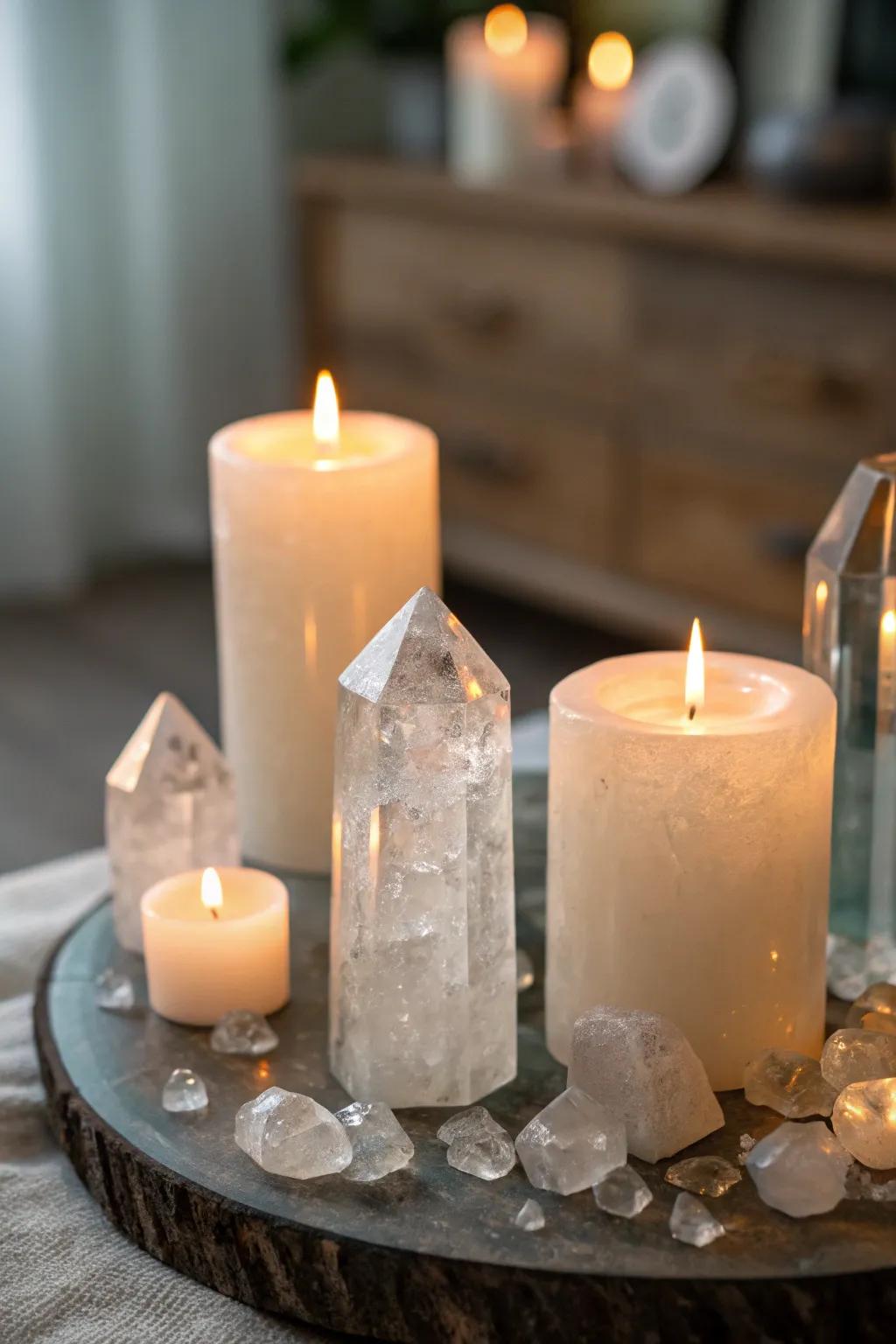 Clear crystals enhance the gentle glow of candlelight, creating a cozy ambiance.