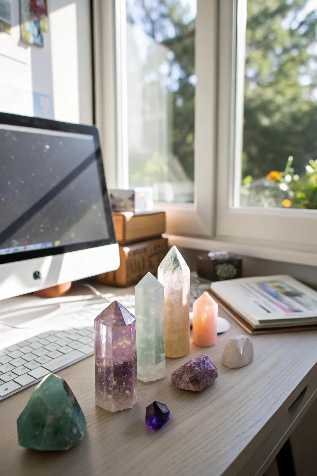 An inspiring office desk exhibit featuring focus-enhancing crystals.