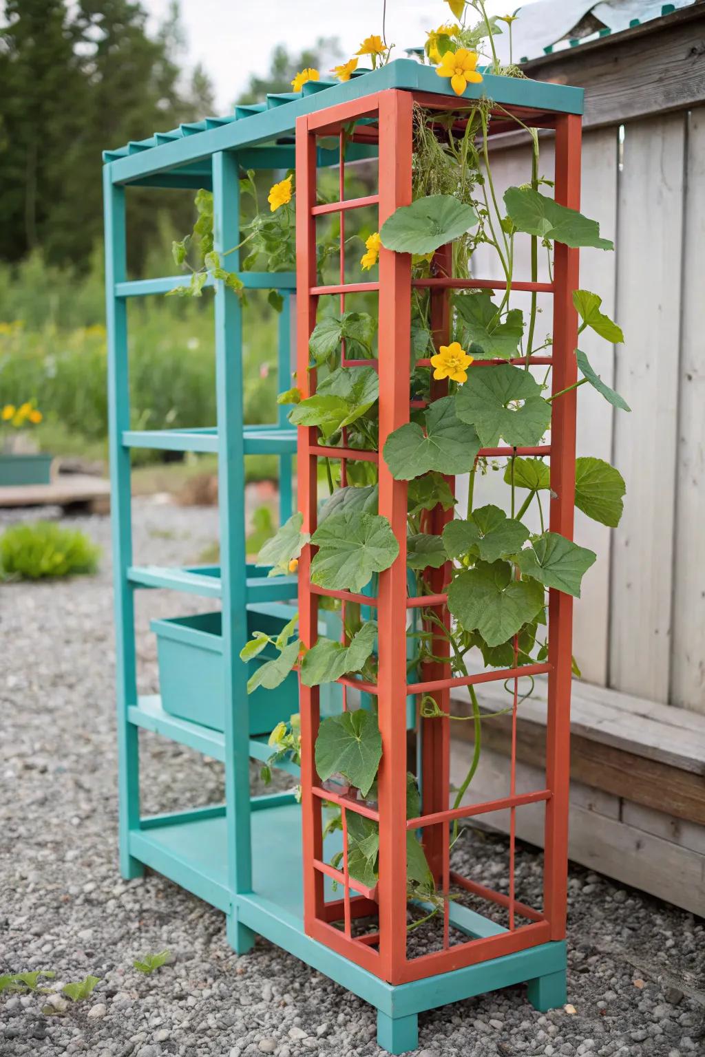 Revamp your garden using a vibrant, repurposed cupboard rack structure that mixes utility and artistic expression!