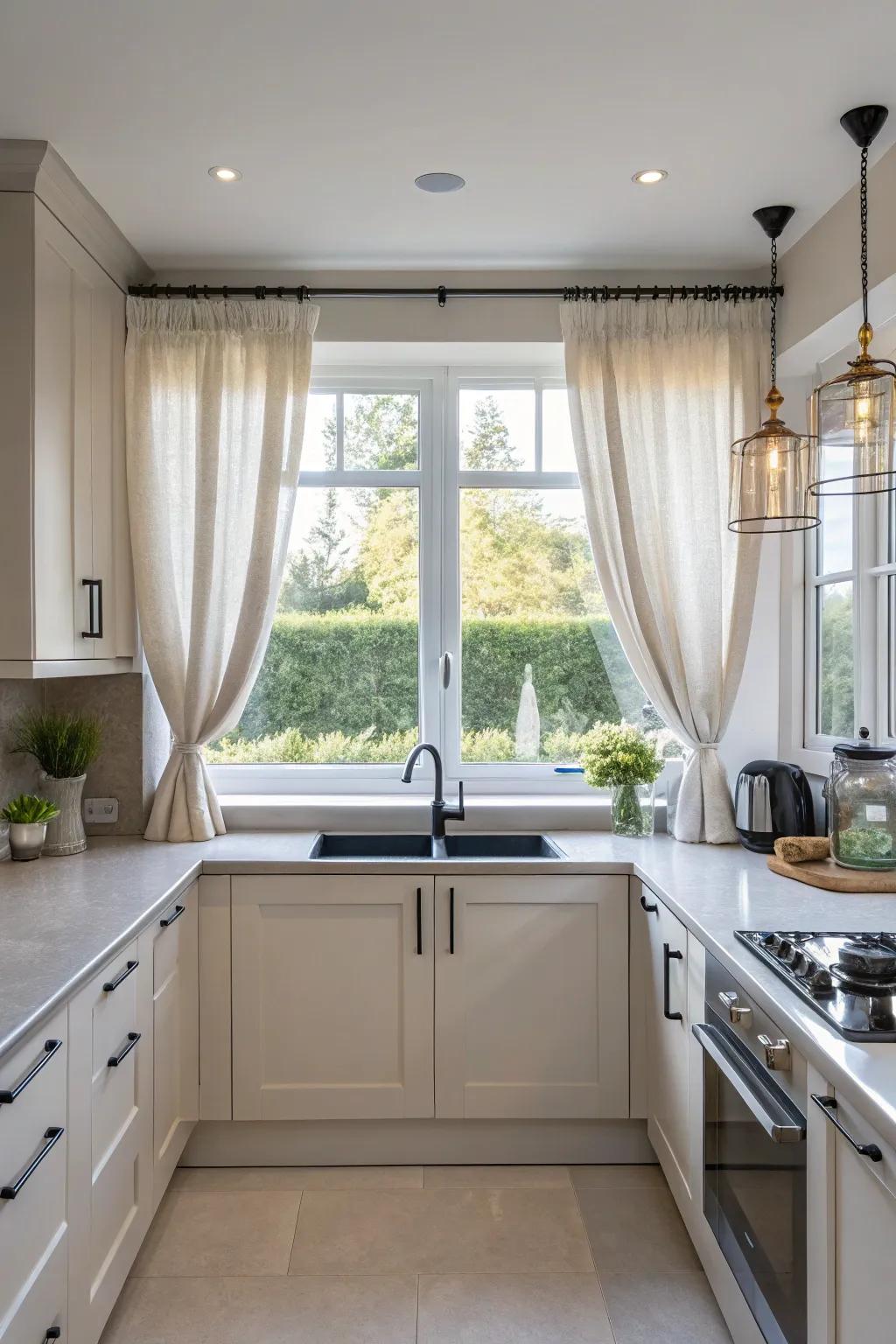 Brief curtain panels outline windows for a modern aesthetic.