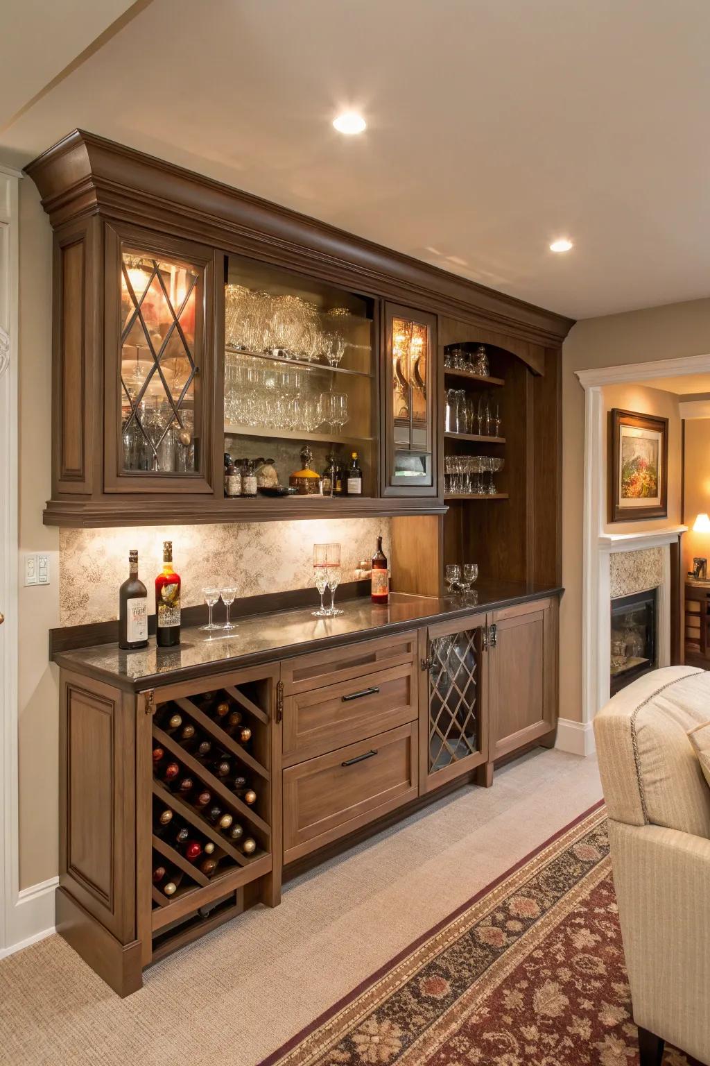 A charming hearth area bar with added functionality.